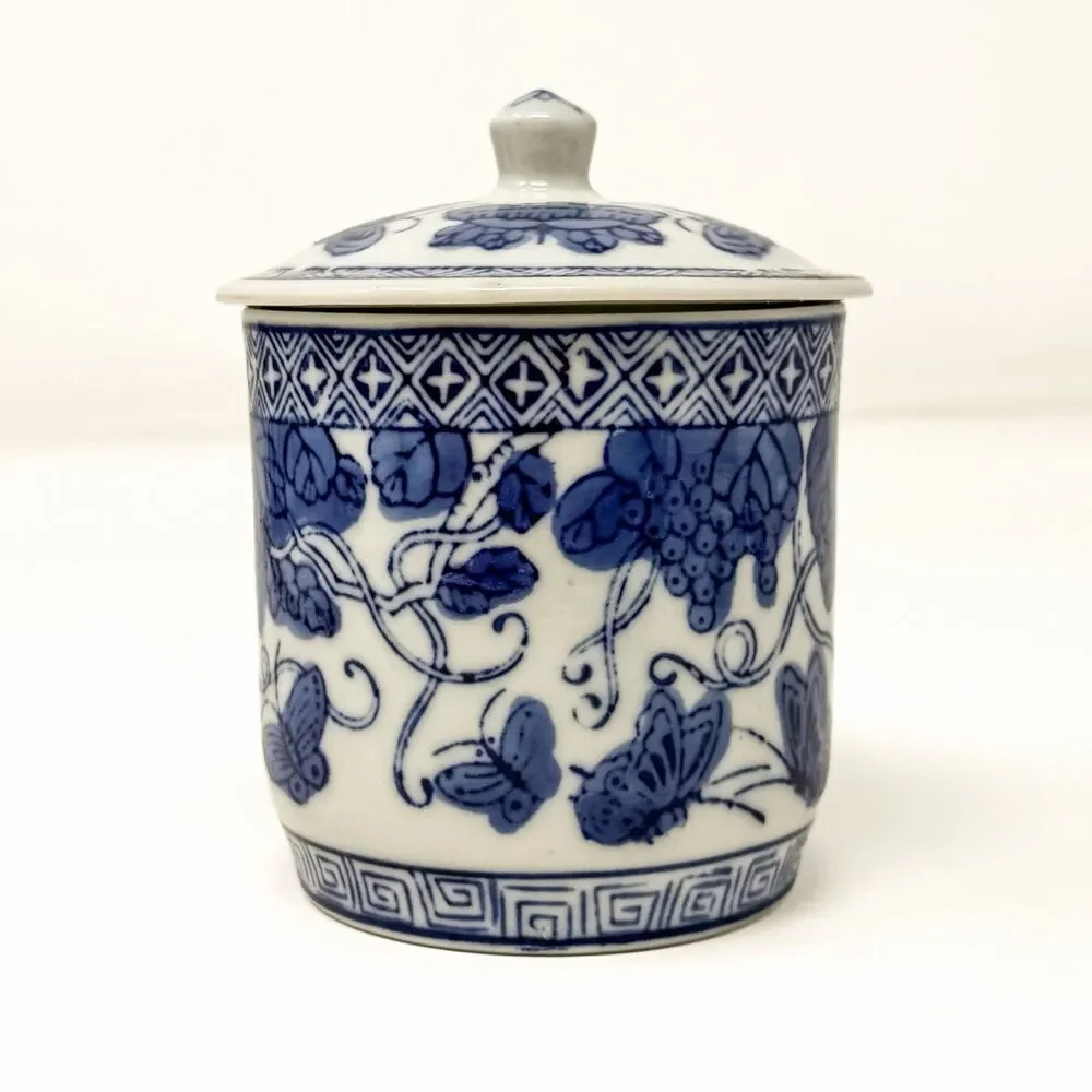 Blue White Chinese Porcelain Lidded Mugs Butterflies Grapevines Set of 4